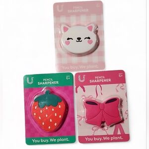 U Style Novelty Shaped Pencil Sharpeners Kitty Face, Strawberry, Pink Bow